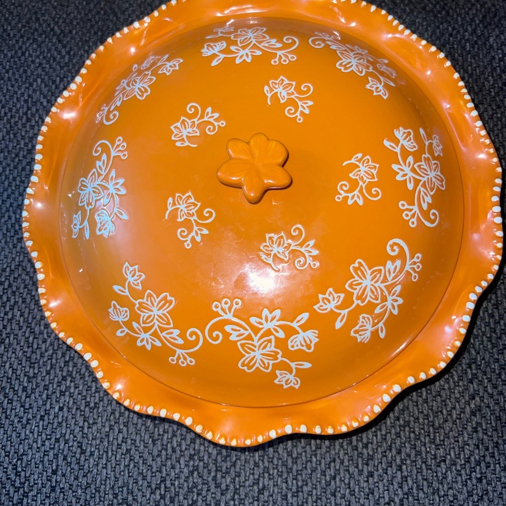 Temptations Floral Lace Pumpkin Scalloped Covered 9" Pie Casserole Lid Ovenware